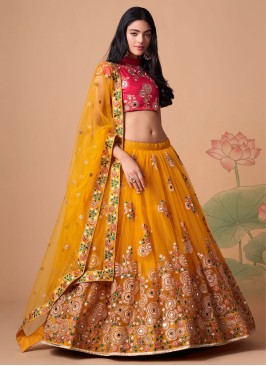 Vibrant Mustard Yellow Net Embroidered Lehenga Choli