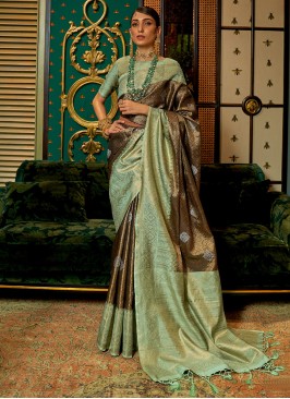 Elegant Pista Green and Brown Handloom Silk Saree