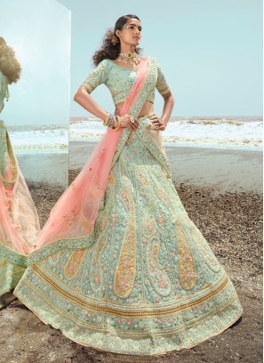 Vibrant Sea Green Organza Wedding A Line Lehenga Choli