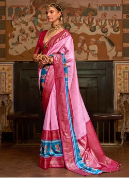 Vibrant Pink and Red Silk Saree With Patola Prints
