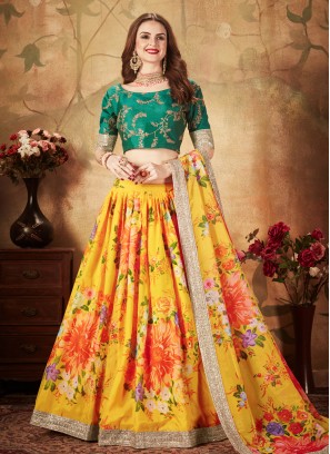 Vibrant Yellow Floral Print Organza Designer Lehenga Choli