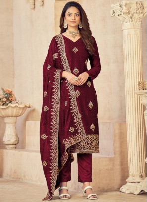 Vichitra Silk Maroon Embroidered Dress Material