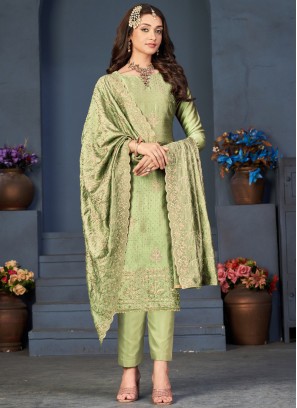 Vichitra Silk Pista Green Embroidered Dress Material