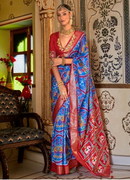 Vivacious Blue and Red Woven Patola Silk Saree