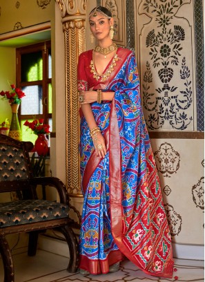 Vivacious Blue and Red Woven Patola Silk Saree