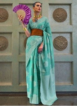 Turquoise Lucknowi Embroidered Cotton Silk Saree