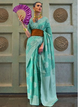 Turquoise Lucknowi Embroidered Cotton Silk Saree