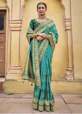 Sea Green Bandhani Contemporary Silk Saree