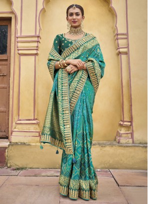 Sea Green Bandhani Contemporary Silk Saree