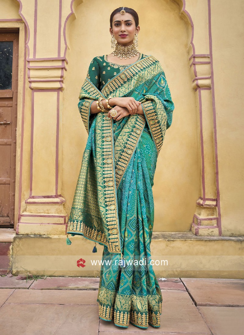 Rama Green Pure Silk Georgette Banarasi Bandhani Saree – EARTHICA