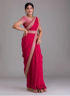 Festive Hot Pink Dupion Silk Saree with Embroidered Border