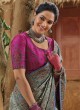 Grey Kachhi Embroidered Banarasi Silk Saree