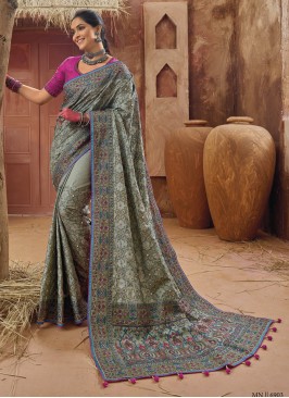 Grey Kachhi Embroidered Banarasi Silk Saree