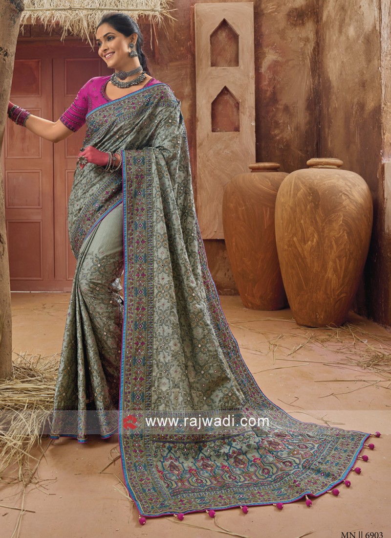 SUTRAM Women's Brocade Pure Chiffon Designer Saree (ST1564_Grey) :  Amazon.in: Fashion