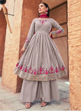 Grey Embroidered Flared Kurti with Palazzo