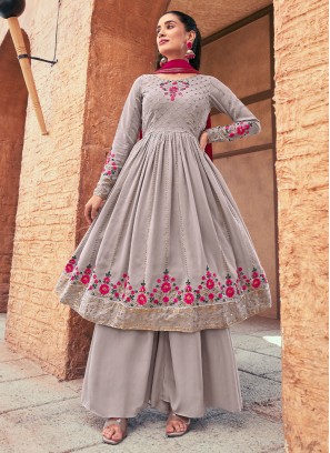 Grey Embroidered Flared Kurti with Palazzo