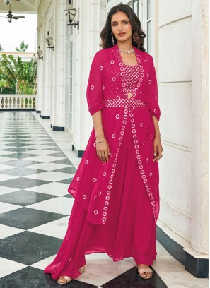 Hot Pink Faux Georgette Lehenga Choli with Stylish Jacket