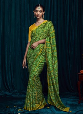 Green Art Silk Saree With Bandhani Print