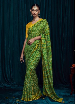 Green Art Silk Saree With Bandhani Print