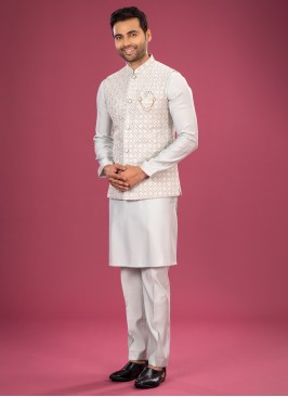 Water Green Embroidered Nehru Jacket Set For Men