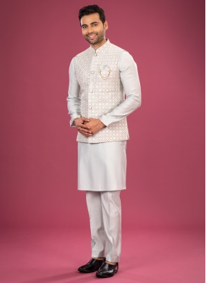 Water Green Embroidered Nehru Jacket Set For Men