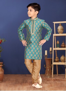 Weaving Dark Turquoise Jacquard Silk Kurta Pajama