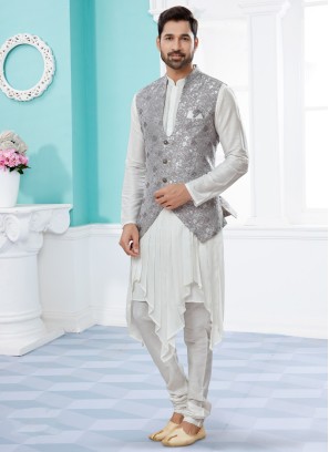 Weaving Embroidered Grey Nehru Jacket Set