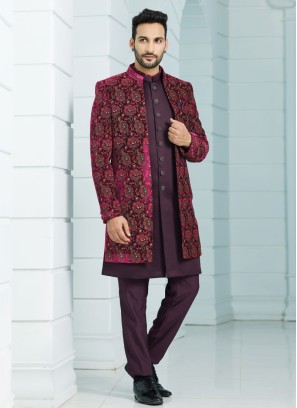 Weaving Embroidered Jacket Style Indowestern Set
