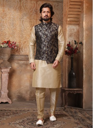 Weaving Embroidered Jacquard Silk Nehru Jacket Set