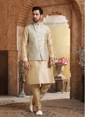 Weaving Embroidered Nehru Jacket Set For Wedding