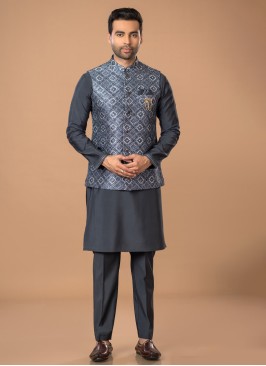 Grey Designer Nehru Jacket Set For Wedding