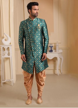 Weaving Print Dark Sea Green Jacquard Silk Indowestern Set