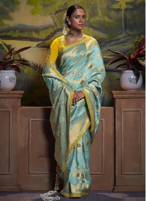 Silk Woven Contemporary Saree in Aqua Blue