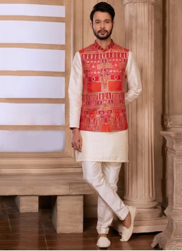 Weaving Work Nehru Jacket Set For Wedding