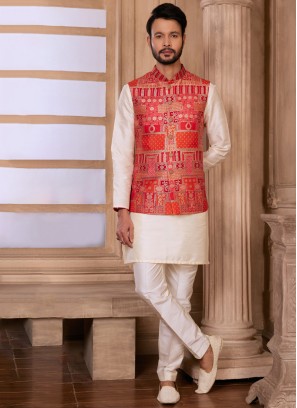 Weaving Work Nehru Jacket Set For Wedding