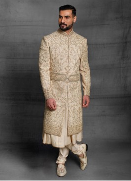 Wedding Designer Golden Cream Anarkali Sherwani