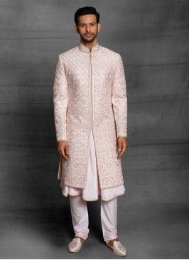 Wedding Raw Silk Anarkali Sherwani In Light Pink