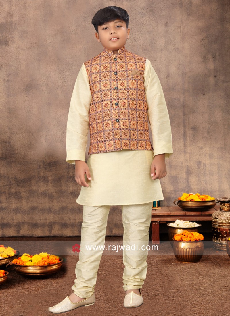 Wedding Wear Ajrakh Printed Cream Nehru Jacket Set