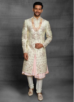 Wedding Wear Anarkali Sherwani In Cream Color