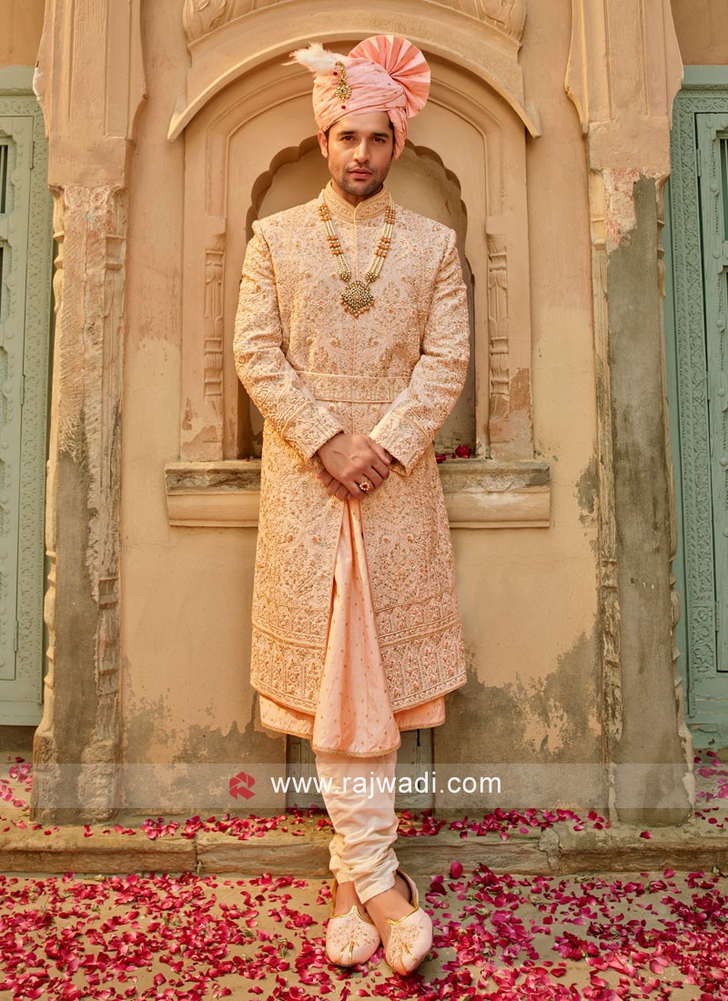 Peach Designer Wedding Wear Sherwani