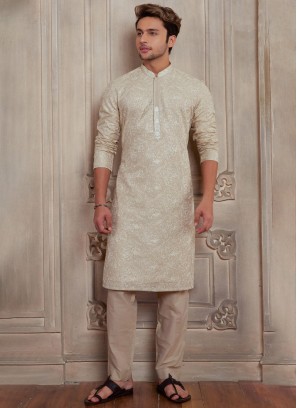 Wedding Wear Beige Kurta Pajama Set