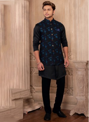 Wedding Wear Black Thread Embroidered Nehru Jacket Set