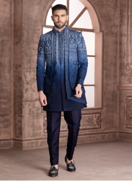 Wedding Wear Blue Jacket Style Indowestern Set