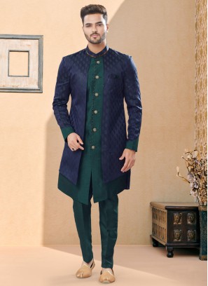 Wedding Wear Bottle Green And Navy Blue Indowestern For Men