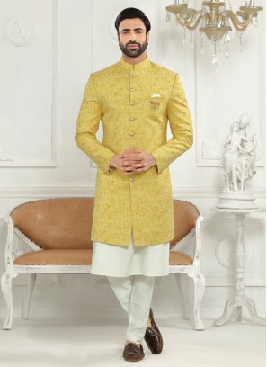 Buy Party Wear Lemon Yellow Jacquard Work Brocade Silk Semi Indo Western  Online From Surat Wholesale Shop.