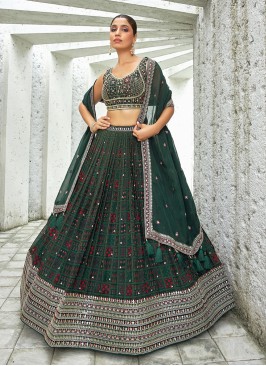 Wedding Wear Chiffon Bottle Green Lehenga Choli For Women