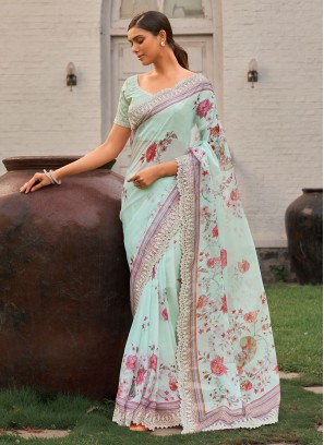 Light Teal Floral Printed Party Wear Saree
