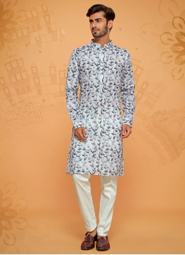 Wedding Wear Cotton Kurta Pajama In Light Grey