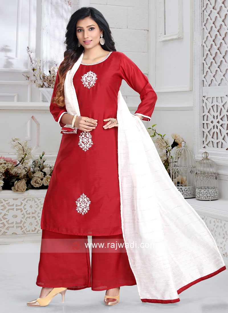 Off-White Georgette Round Collar Peplum Top Palazzo Suit with Double-Sequins,  Thread Embroidery | Exotic India Art