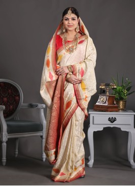 Wedding Wear Cream Banarasi Silk Saree